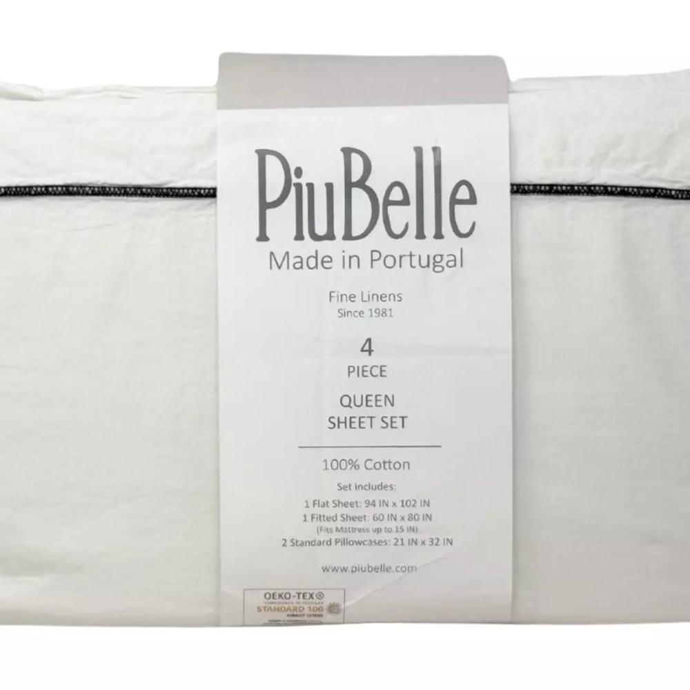 PiuBelle Portugal QUEEN Supreme Cotton Luxury White Sheet Set Black Stitching